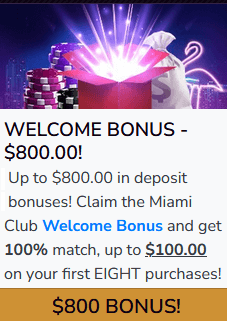 Join Miami Club Casino, get $800 welcome bonuses