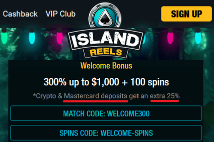 25% extra Mastercard bonus code at Island Reels online casino