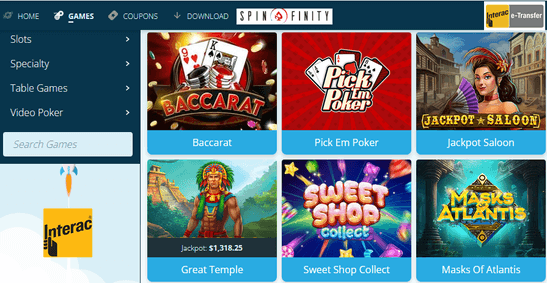 Spinfinity Interac online casino games